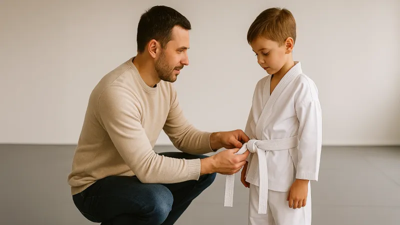 Supportive father tying belt of kid