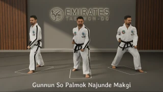 Walking stance outer forearm low block (Gunnun So Bakat Palmok Najunde Makgi)